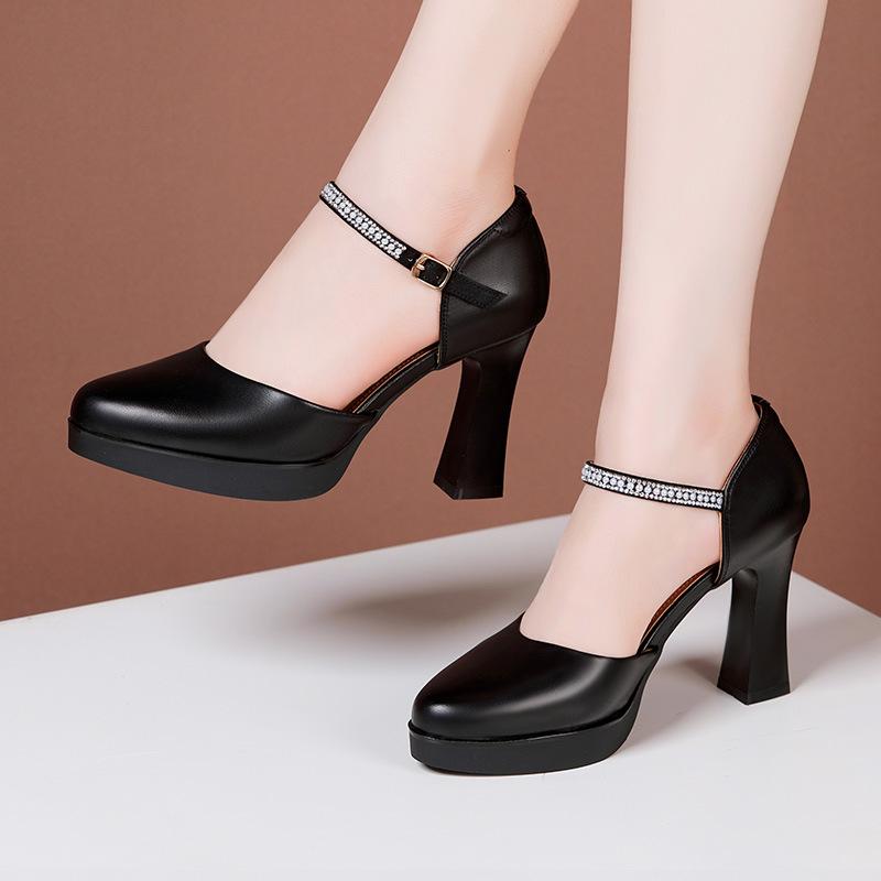 Fashion Genuine Leather Lady Pumps Thick Heel Shoes 7/9/11cm Super High Heel Waterproof Platform Womens Shoes Party Dress High Heels