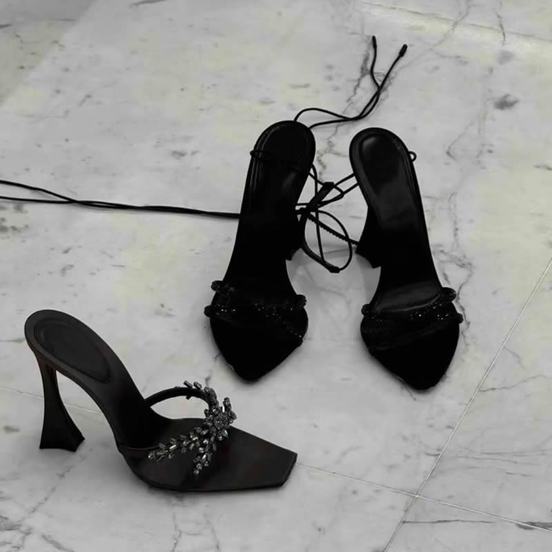 

Весна 2025 новые туфли на высоком каблуке с квадратным носком, крест-накрест, со стразами, женские черные атласные босоножки на тонком каблуке, сексуальная женская обувь 40 чёрный