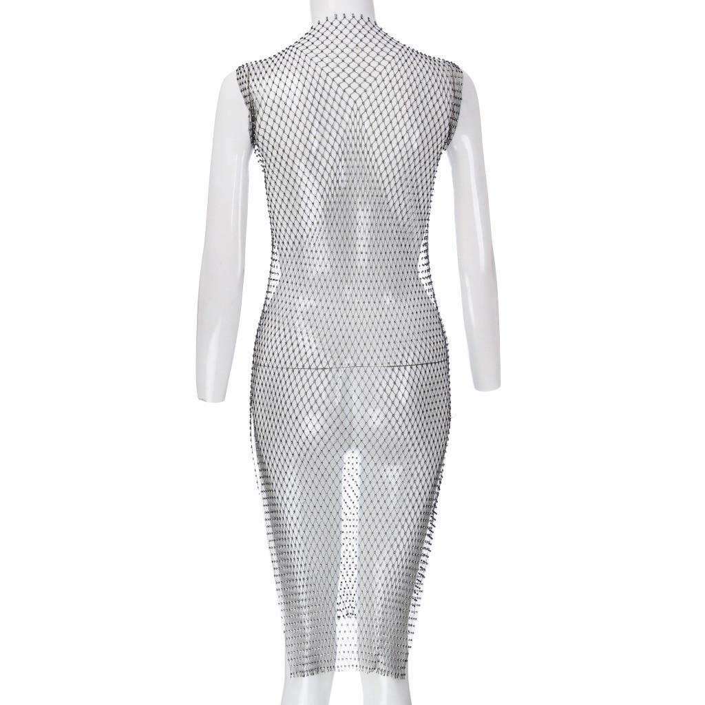 Womens Summer  Fishnet Hollow Out Elastic  Rhinestone Beach Dress