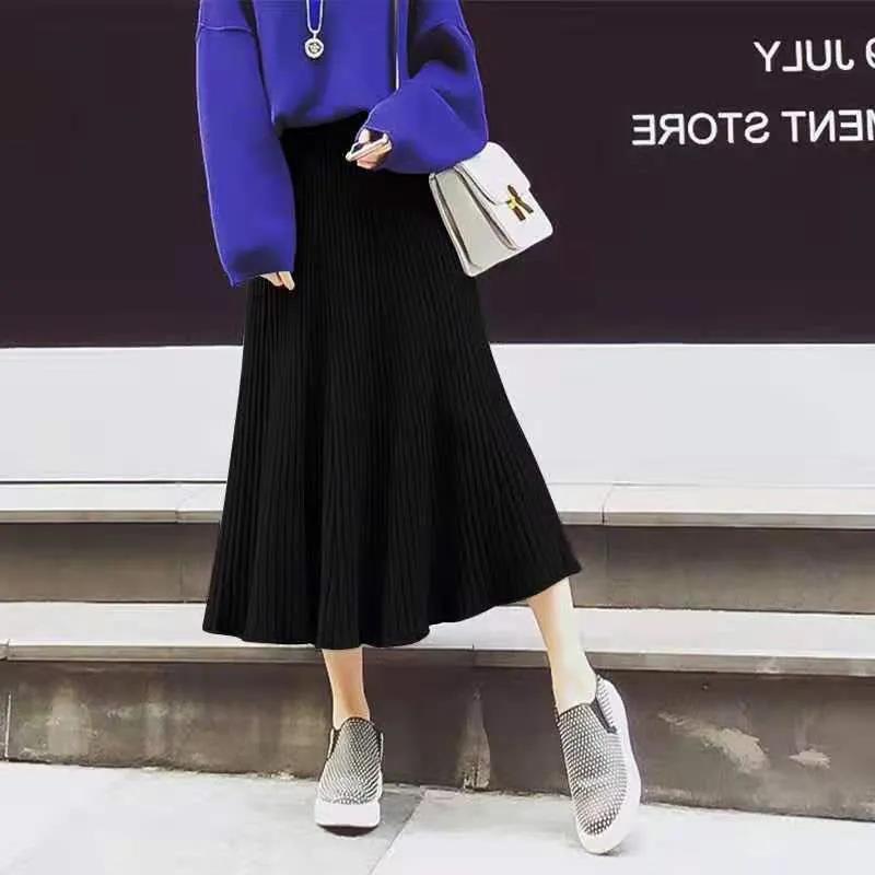 Autumn Winter Knitting Solid Color Pleated Skirt Female High Waist All-match Mid-length A-line Skirt
