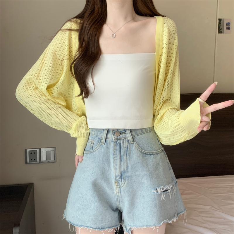 2024 Summer Light Knit Cardigan: Thin Loose Shrug with Lantern Sleeves, Airy Sun Protection Cover-Up, Short Top Jacket.