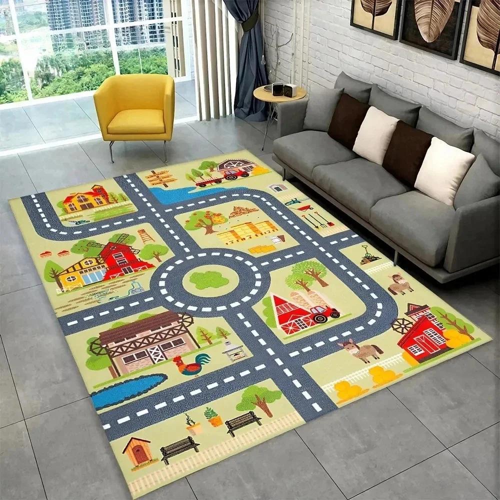 Child Playroom Floor Mat Highway City Traffic-Themed Carpet Rug for Kids Large Non-Slip Area Rug Ideal for Bedroom Home Decor