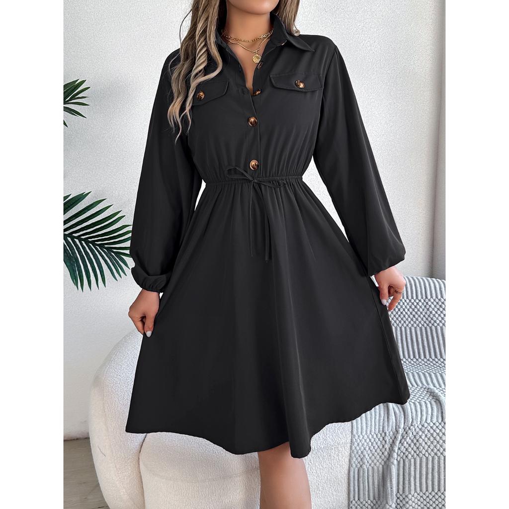 HNXC Autumn and Winter Casual Button-tied, Waist-cinching Long-sleeved Shirt Dress for Women