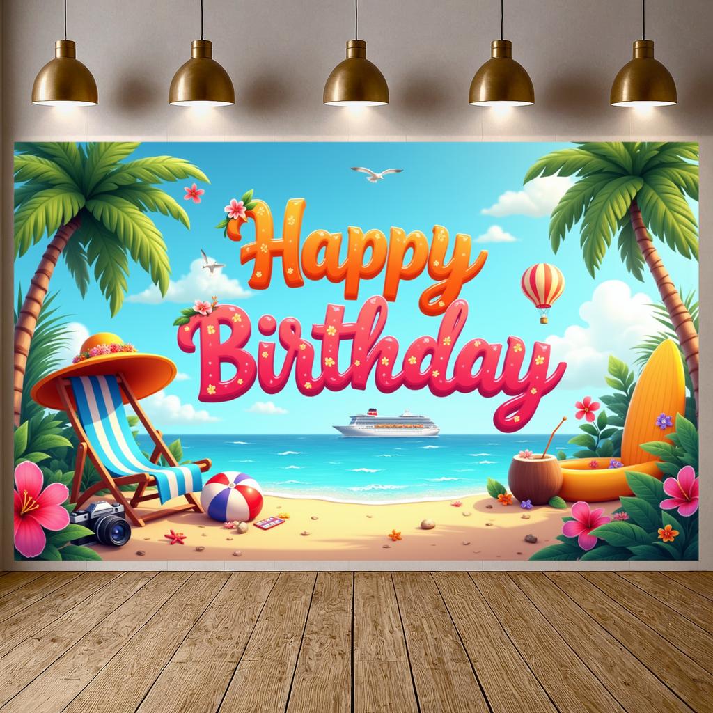 Birthday Party Banner Colorful Floral Birthday Celebration Backdrop Summer Birthday Background Surfboard Pattern For Pool Party