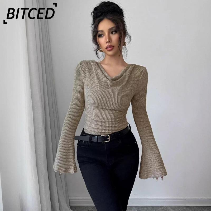 BITCED Women's Fashion Casual Solid Color Print Long Sleeve Blouses & Shirts