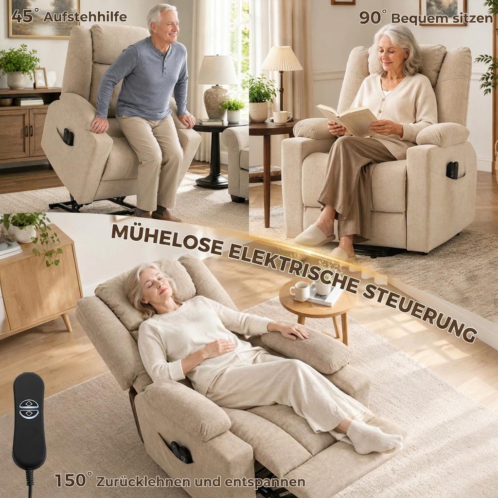 Electric Lift Chair with Vibration Massage and Heat Function, Recliner Chair In Velvet Look with Pocket Spring Padding, Cream White