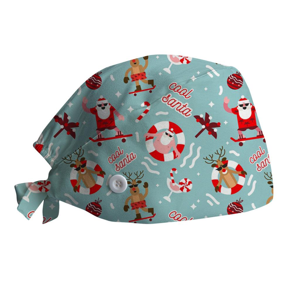 Surgical Cap with Adjustable Printed Christmas Theme Hat, Sweat Wicking Strip, Dust-proof Cloth Bag Head Cap, Doctor's Oral Cap, Nurse's Cap