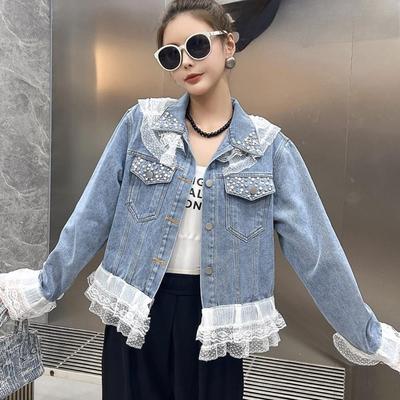 Veste en jean pour femme Printemps Automne Style Dentelle Patchwork Détails Perles Manteau en Jean