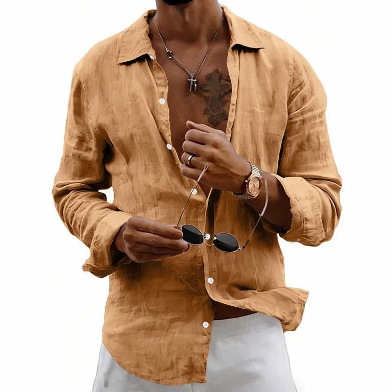 Spring Summer Men's Loose Casual Shirts Solid Color Lightweight Loose Lapel Cardigan-Style Linen Long-Sleeve Shirt