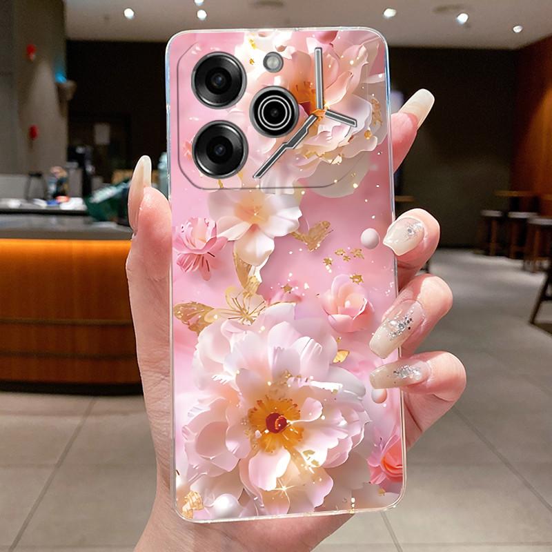 Phone Case For Tecno Pova 6 Pro 5G LI9 Case Tecno Pova 6 5G LI7 Back Cover Luxury Butterfly Flowers Transparent Soft TPU Casing