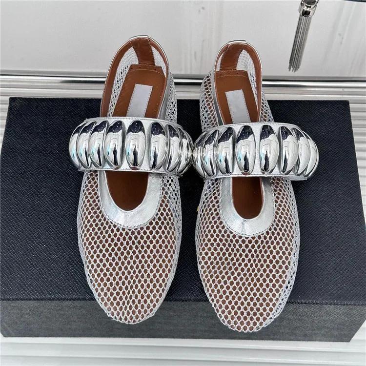

Сетчатые мюли с металлической пряжкой, плоские туфли для женщин, летние дышащие, удобные балетки, модная мягкая подошва, повседневная обувь 40 серебряный