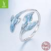 S925 Sterling Silver Guppy Open Ring, Blue Small Fresh Fish Tail Adjustable Ring