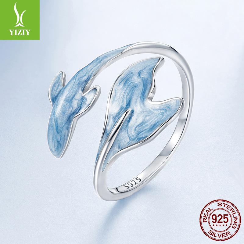 S925 Sterling Silver Guppy Open Ring, Blue Small Fresh Fish Tail Adjustable Ring