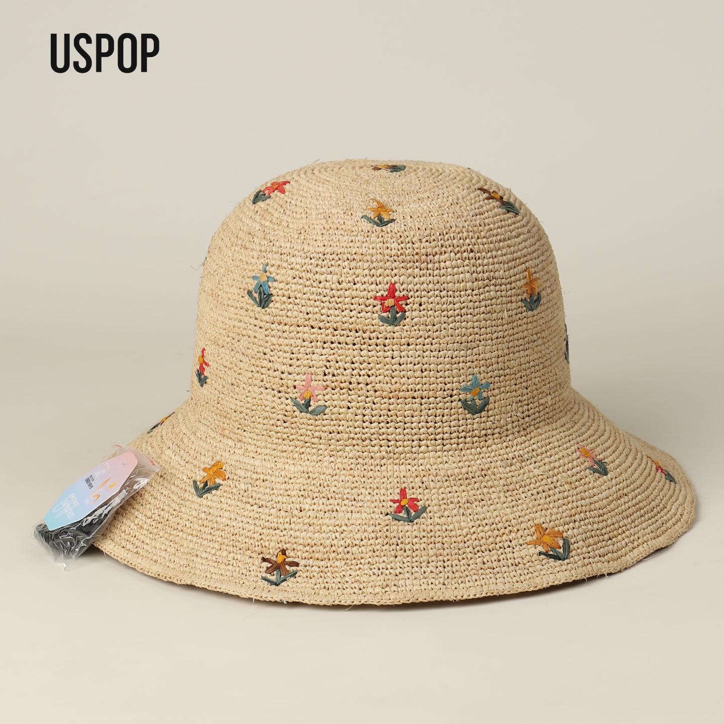 My Extreme Outdoor Activities Women's Foldable Raffia Bucket Hat With Hand Embroidered Floral Design, Wide Brim Summer Beach Sun Hat, Adjustable Straw Hat 56-58Cm