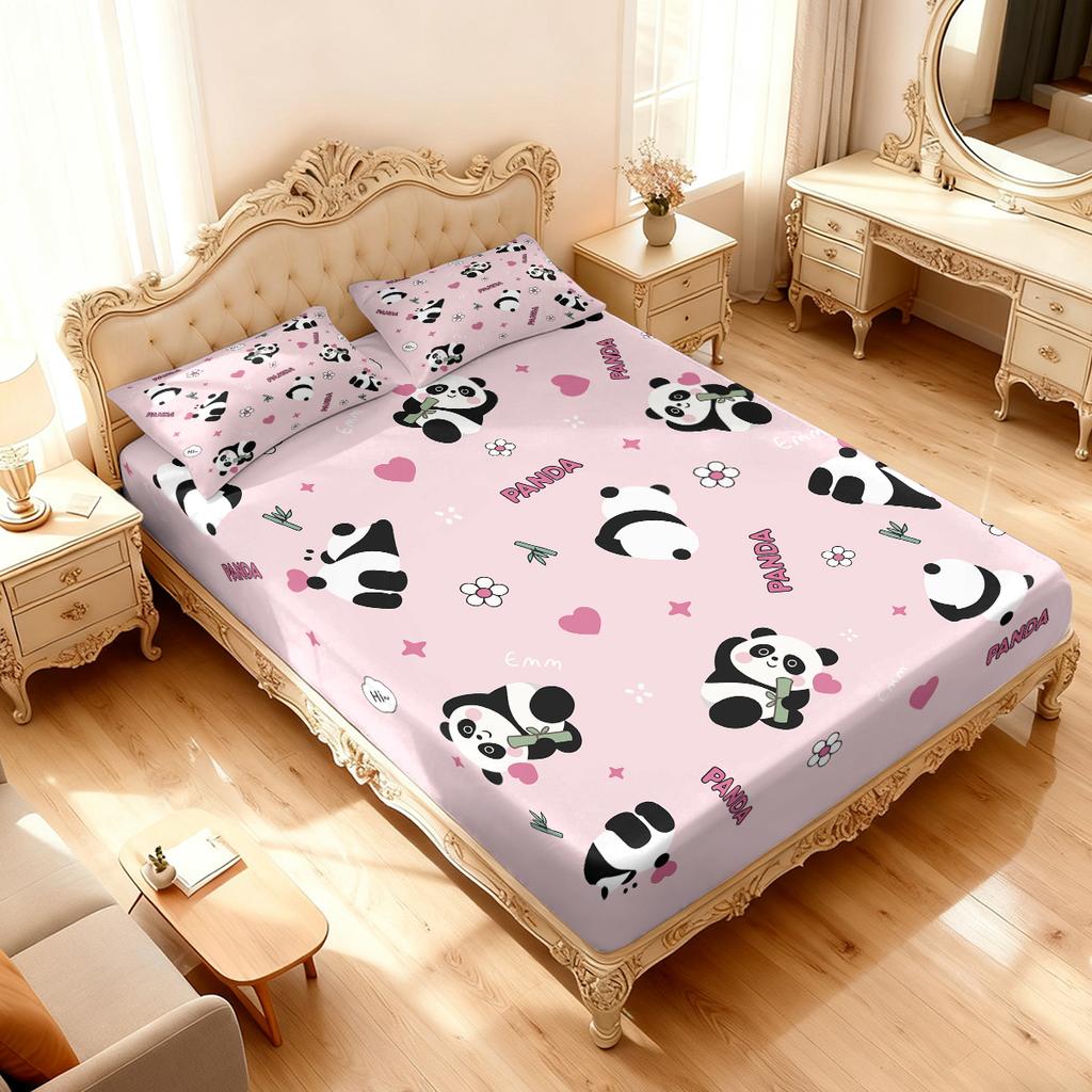 3pcs Cartoon Panda Pink Printed Coreless Bed Sheet Set, Multi Size Comfortable Bed Cover, Bedroom Bedding Decoration