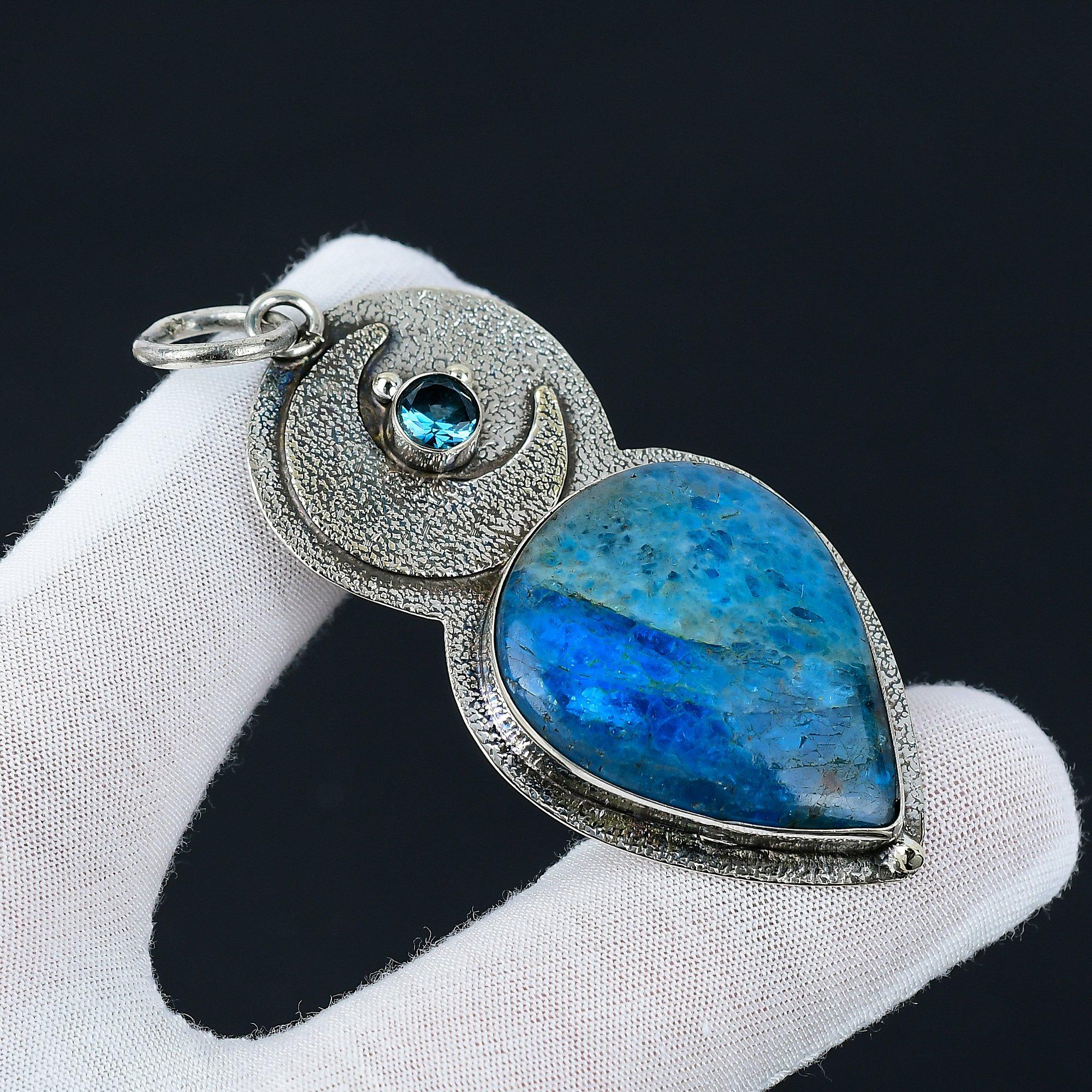 

Неоново-синий апатит, подвеска из драгоценного камня с голубым топазом, подвеска из стерлингового серебра 925 пробы, ожерелье из натурального камня ручной работы, лечебные ювелирные подарки для нее 2.55 синий