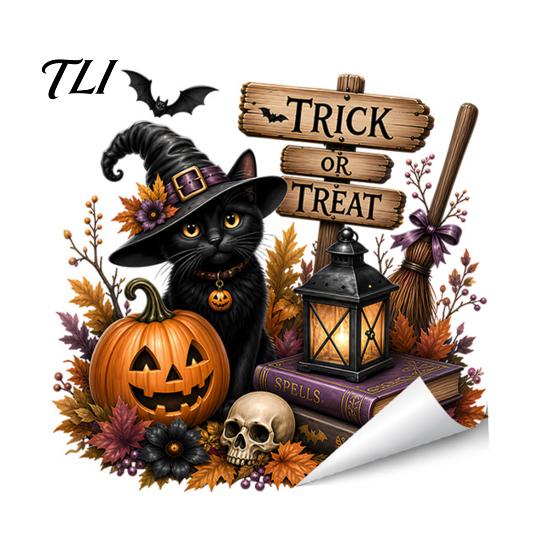 Static Cling Decals Halloween Witch/Black Cat Glass Stickers, Double-sided PVC Waterproof Window Clings, Removable Decor with Pumpkins Skulls