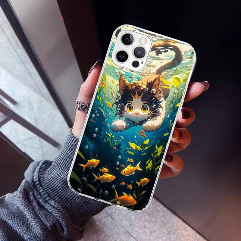 Cartoon Cute Cat Fish Aesthetic Phone Case For iPhone 17 Air 11 13 Mini 14 15 Plus 16 12 Pro Max 16E SE 7 8 Pattern Soft TPU Bac