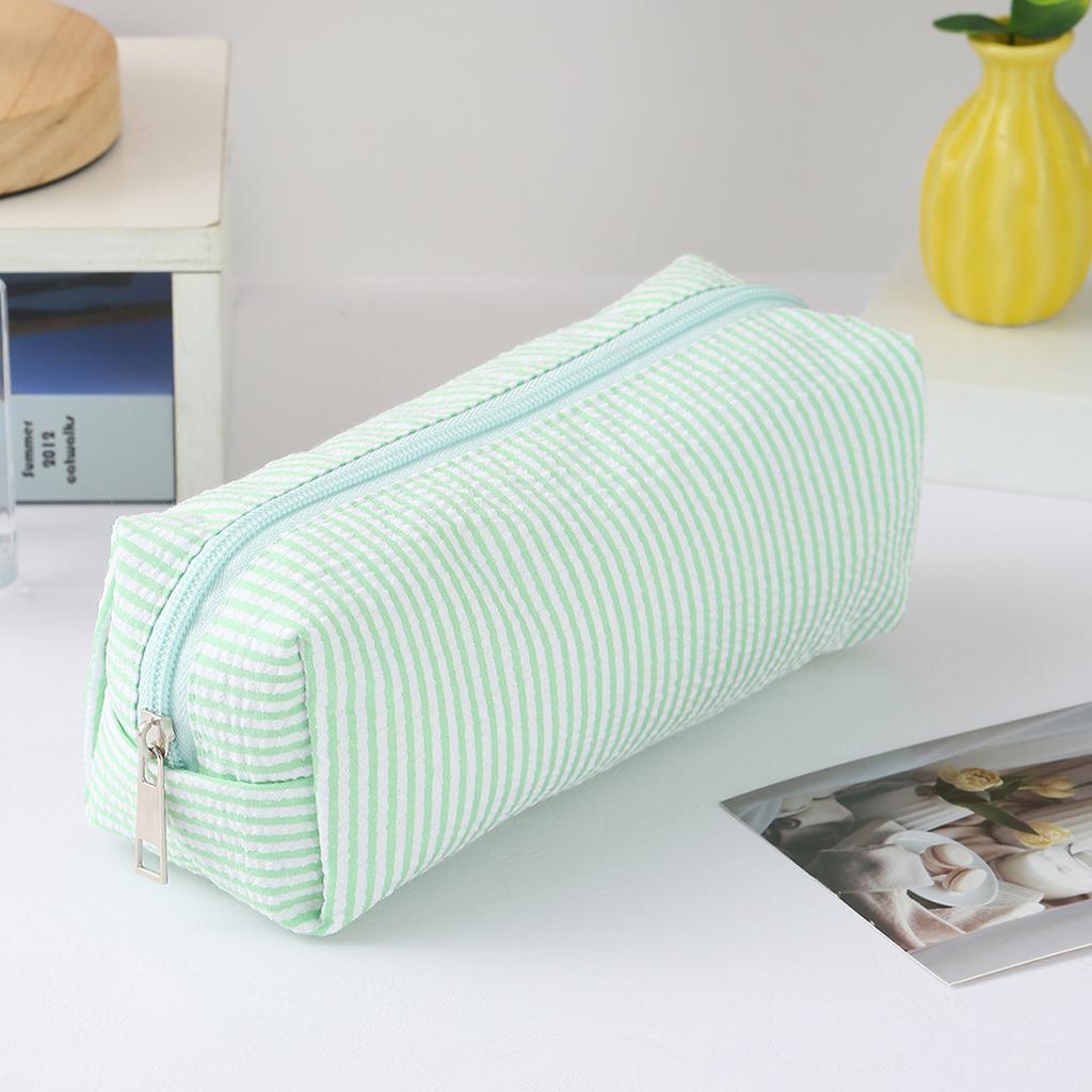 Cute Striped Canvas Pencil Case, Small Travel Pouch with Zipper, Large Capacity Portable Stationery Bag for School Office Girls