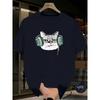 European Sizes Men's Casual T-Shirt with Cute British Shorthair Cat & Green Headphones Print - Navy Blue Short Sleeve Round Neck Summer Tee