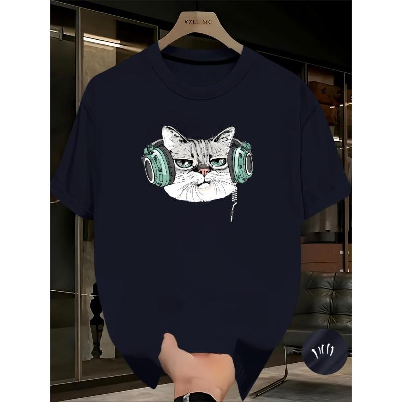 

European sizes Men s Casual T-Shirt with Cute British Shorthair Cat & Green Headphones Print - Navy Blue Short Sleeve Round Neck Summer Tee S чёрный