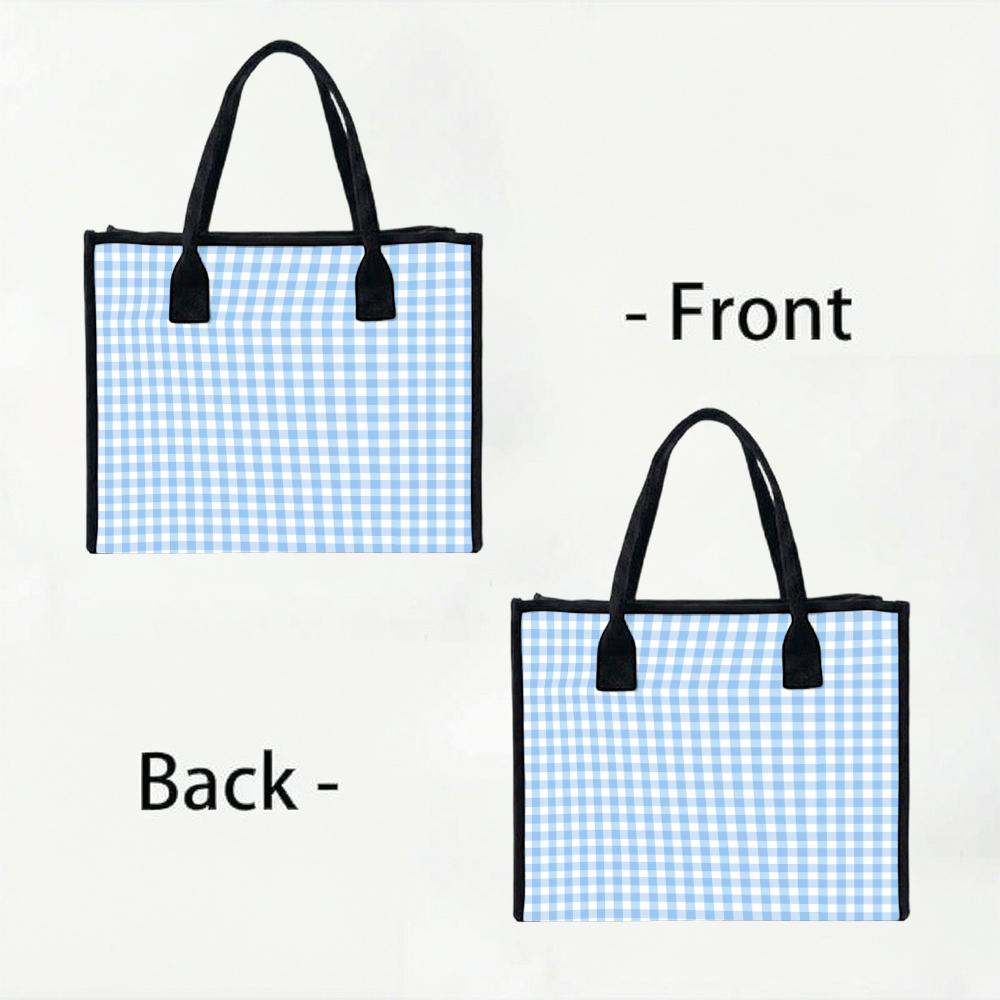 Blue Gingham Casual Tote Bag Large Capacity Daily Shoulder Handbag for Shopping Work Commute