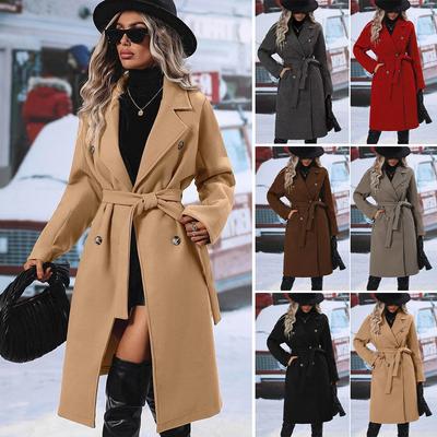 Women's Notched Lapel Double Breasted Belted Wool Blend Long Coat