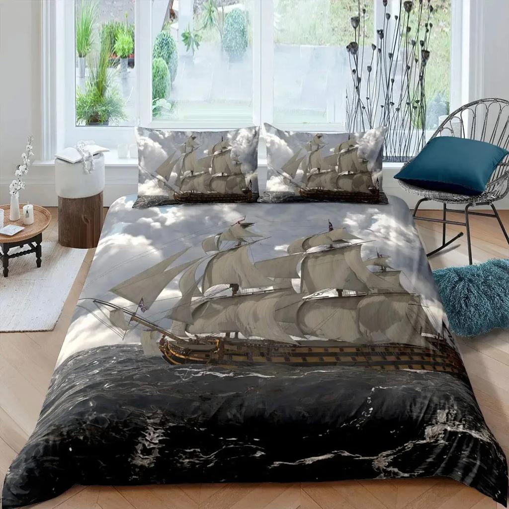 Pirate Duvet Cover Set Queen Sailboat Comforter Set Nautical Ocean Bedding Set Cool Style Quilt Cover Wave Print Decor Bedspread