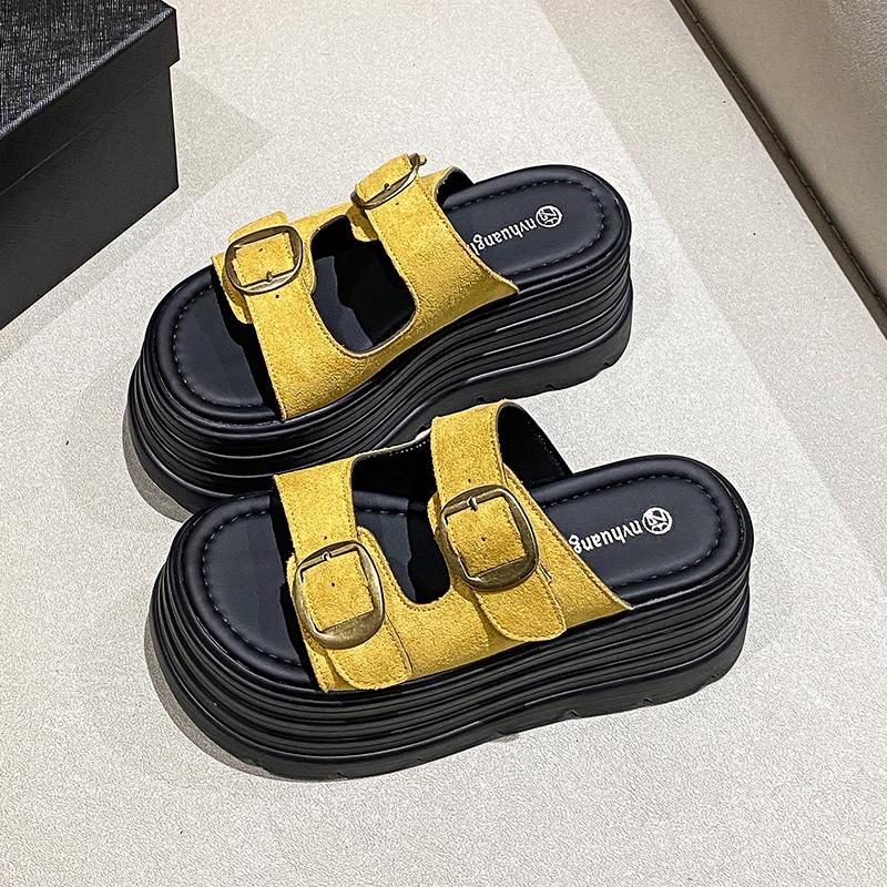 Fashion 8CM High Platform Slippers Women Summer Buckle Fashion 2025 New Increase Heels Sandals Muffin Flip-flops Heels Beach Shoes