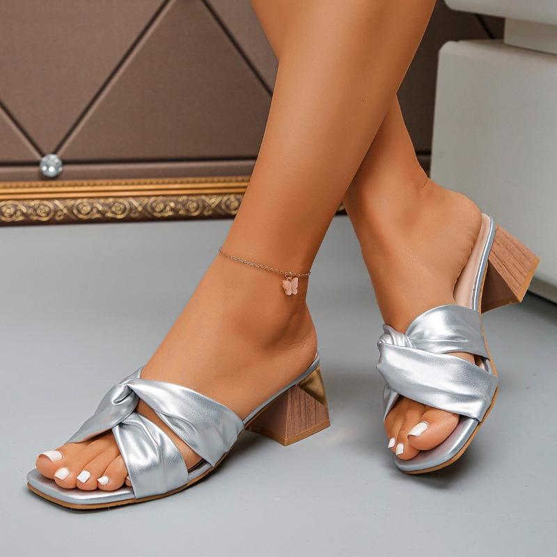 2025 Women Genuine Leather Sandals Mid Heel Shoes Square Toe Pleated Thick Heels Ladies Footwear Summer Apricot Beige 33-43