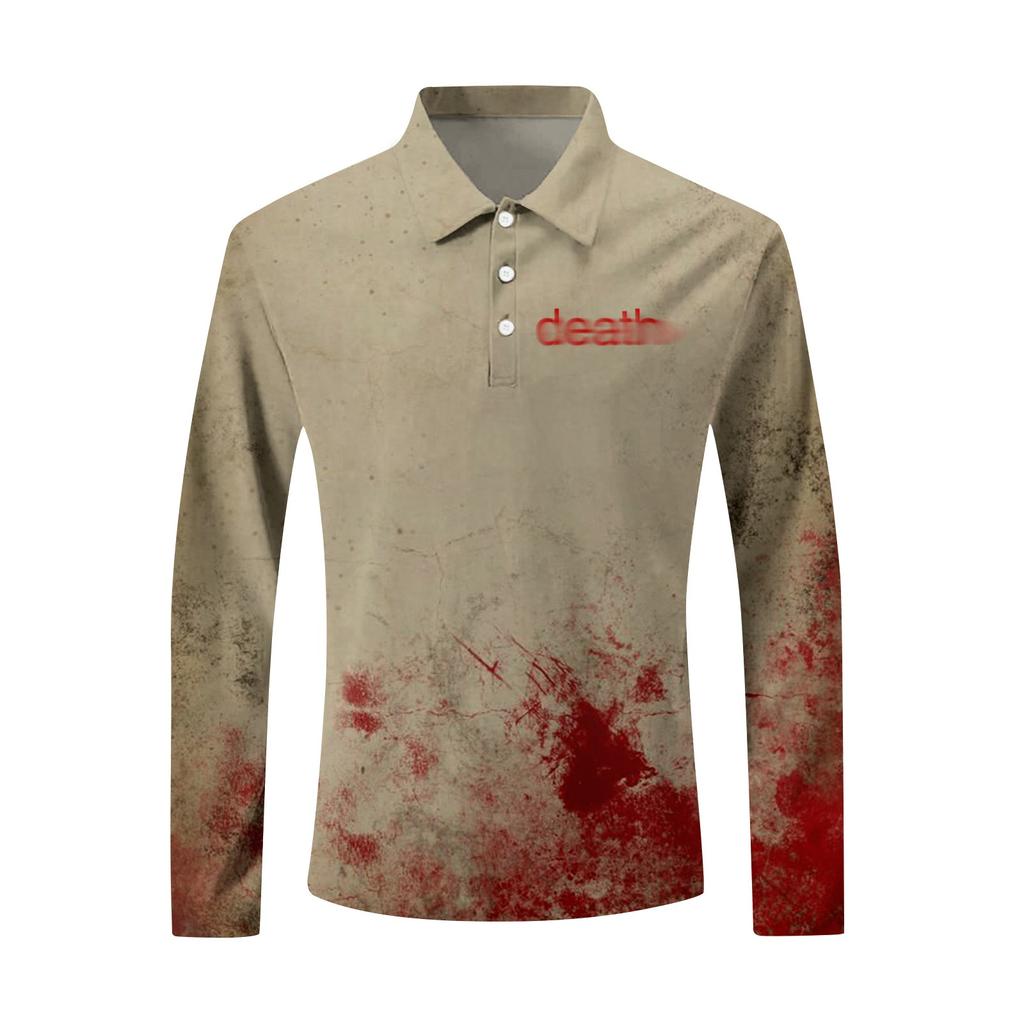 Men's Loose And Casual Halloween Letter-printed Lapel Button-down Long-sleeved Top