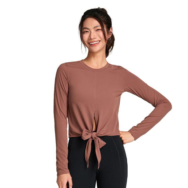 Nude Feel Casual Lace-up Waist-Controlled Skinny Exercise Top Round Neck T-Shirt Professional Running Fitness Clothes Long Sleeve Yoga Wear