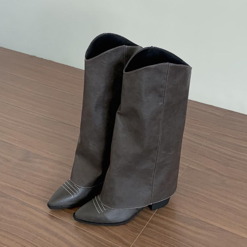 

Vintage Thick Heel Women Pipe Western Cowboy Boots Fashion Slip On Knight Long Booties Autumn Winter Shoes De Mujer 42