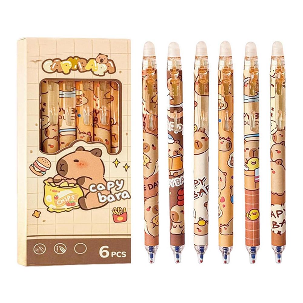 6Pcs Cute Capybara Gel Pens Kawaii Pen Set Quickly-Drying Blue Erasable Pens Office School Supplies Kawaii Aesthetic Stationery