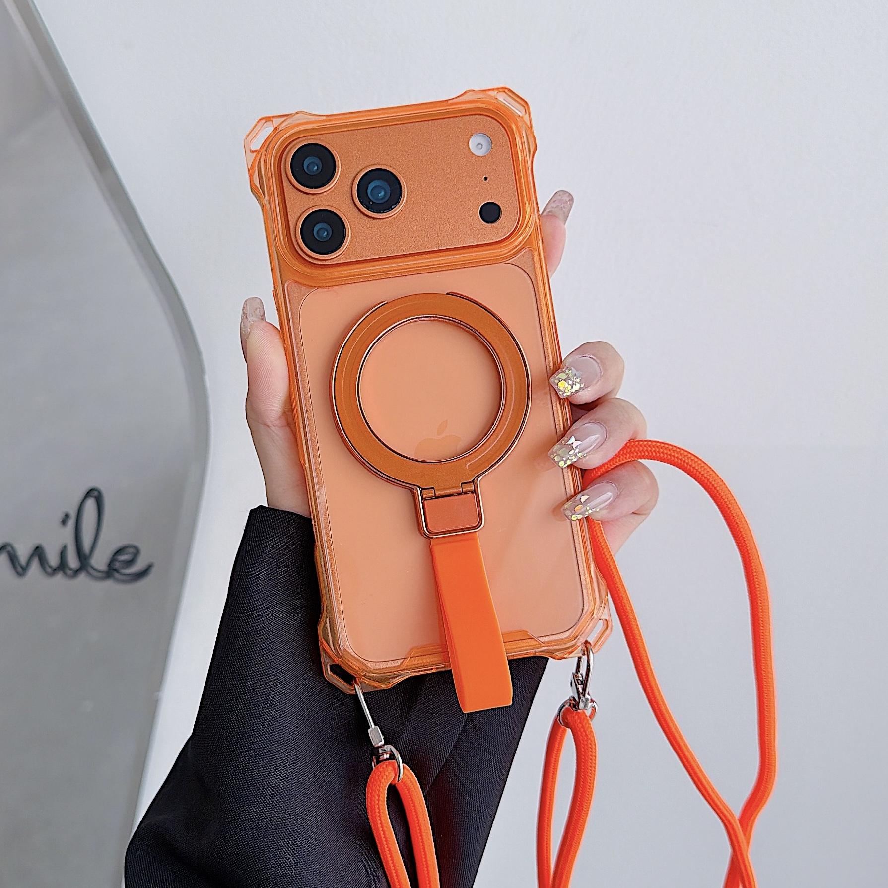 

For iPhone 17 Air 16 15 11 12 13 14 Pro Max Luxury Armor Phone Case Magnetic Bracket Holder Crossbody Strap Lanyard Clear Cover iPhone 16 помаранчевий