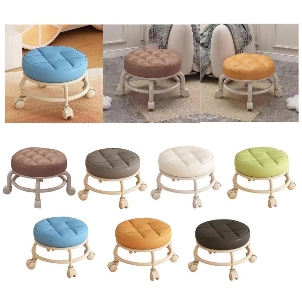 Roller Seat Rolling Stool Round Low Height Foot Rest with Wheel PU Leather for Living Room Bedside Porch Salon Pedicure Home