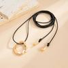 Salircon Vintage Irregular Geometric Hollow Round Pendant Necklace Women Adjustable Long Black Leather Rope Choker Charm Jewelry