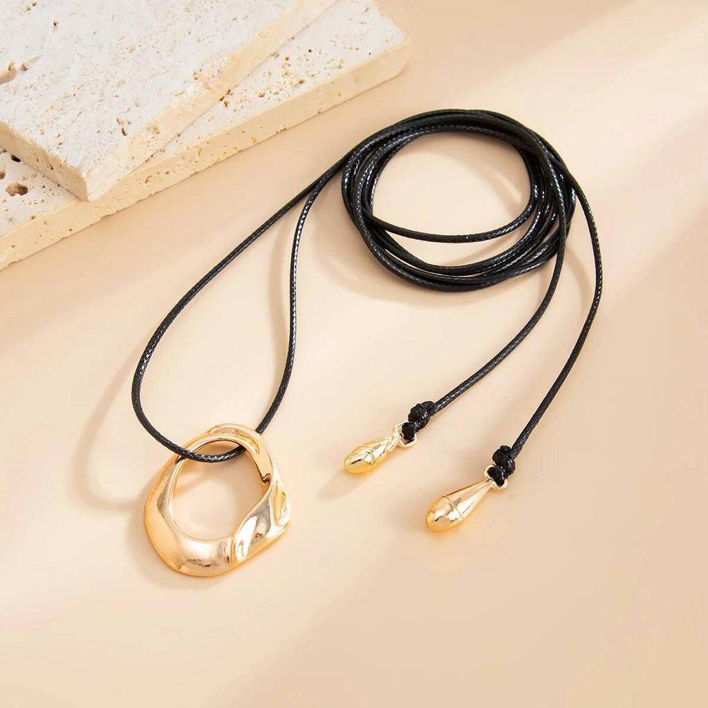Salircon Vintage Irregular Geometric Hollow Round Pendant Necklace Women Adjustable Long Black Leather Rope Choker Charm Jewelry
