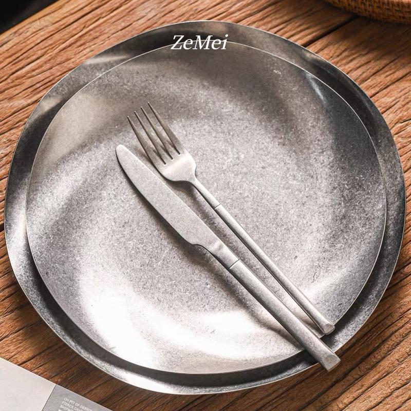 Stainless Steel Circle Dinner Plate, Home Steak Plate, Water Ripple Dinner Dishes Hamburger Fries Tray Tableware, Kitchenware