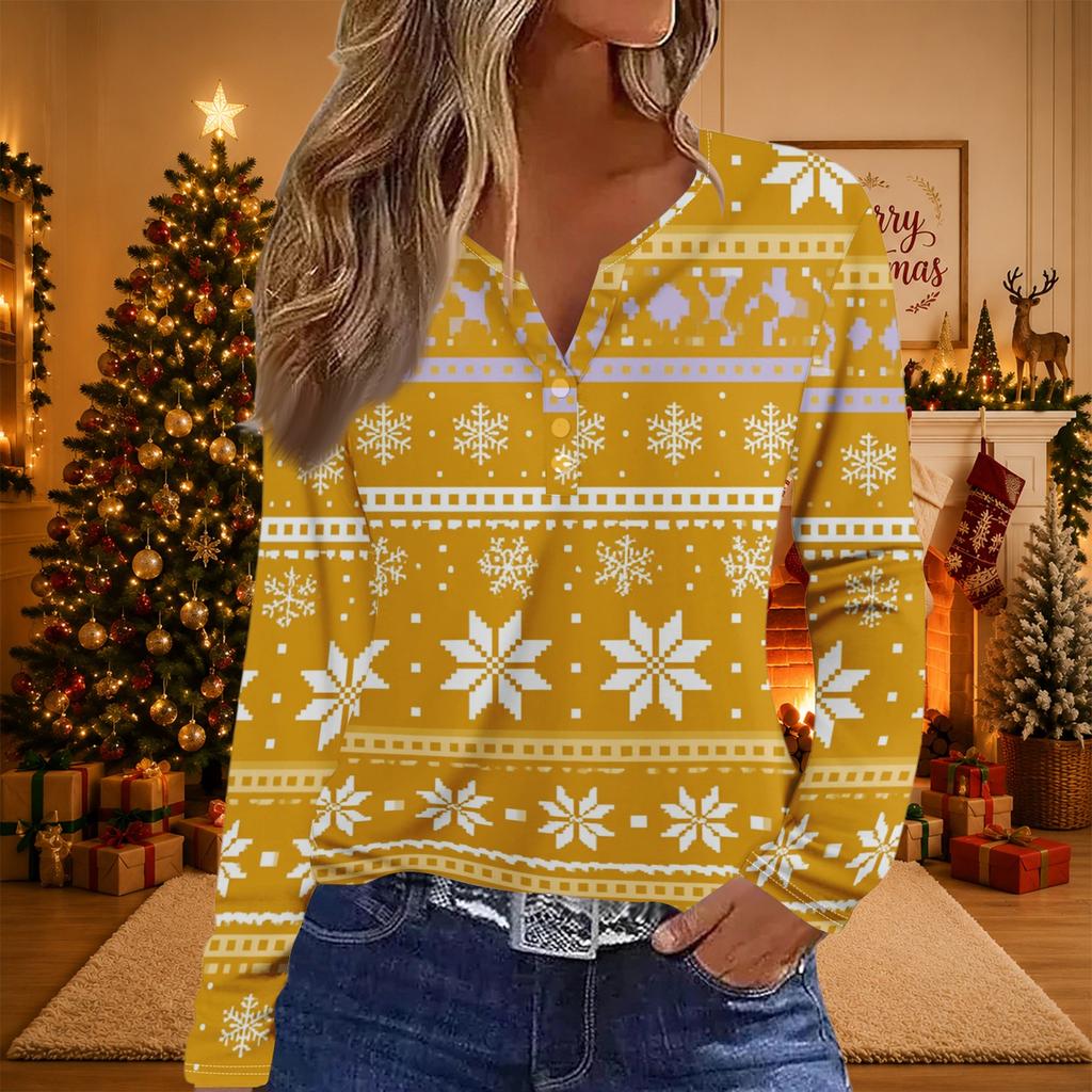 Women's Casual Christmas Print V-Neck Long Sleeve T-Shirt with Button