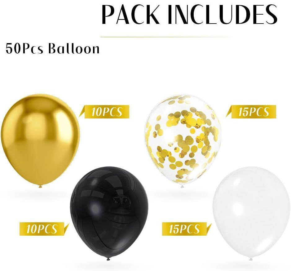 Hot Selling 50pcs 12 Inch Latex Balloons Black and White and Metallic Gold Balloons with Gold Sequin Balloons for Birthday Party