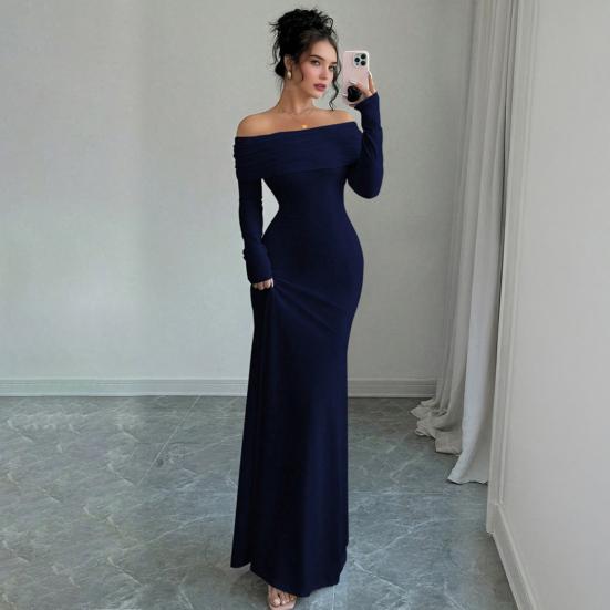 Women Off Shoulder Bodycon Maxi Dress Formal Long Sleeve Evening Gown Ruched Club Party