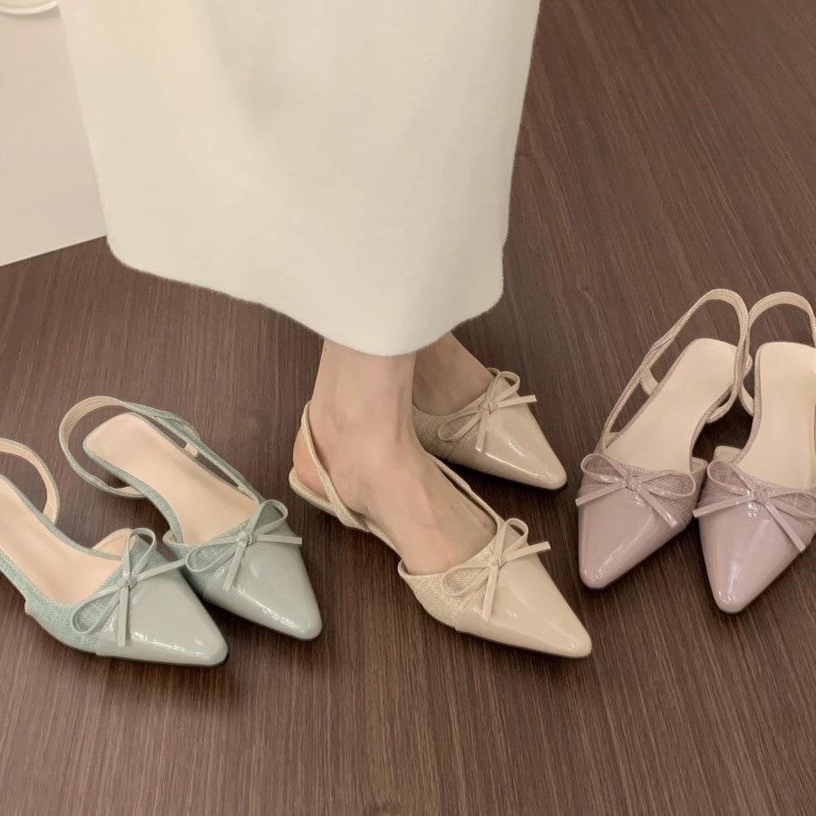 French Xiaoxiangfeng Gentle Evening Shoes Small Slope Heel Baotou Sandals Women's Summer Bow Pointed Back Empty Single Shoes Women's