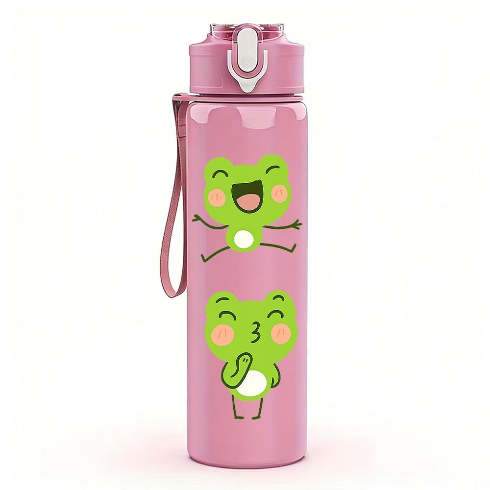 1PC Green Frog Group Cartoon Pattern 750ml Color Plastic Sports Water Bottle Leakproof Flip Straw Lid Suitable for Sports Office Home Use