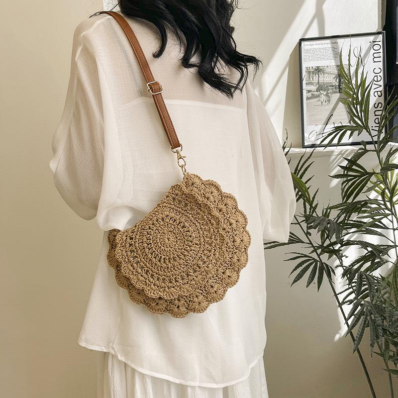 Lace Knit Cotton Crossbody Bag - Hollow Out Straw Shoulder Bag for Beach & Everyday Use