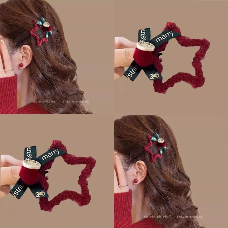 Red Star Bow Hair Clip for Women - New Year Headdress, Cute Bangs & Side Clip Hair Accessory