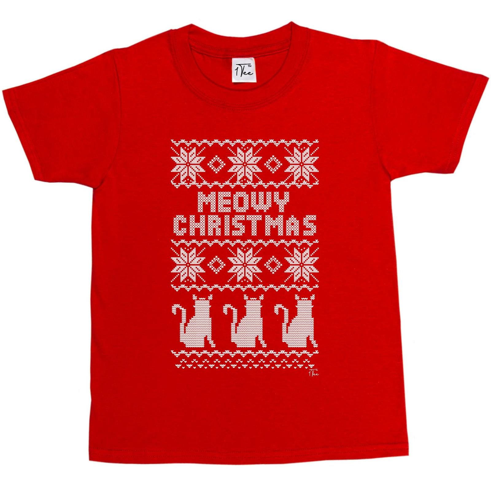 1Tee Kids Girls Meowy Christmas Cat T-Shirt M