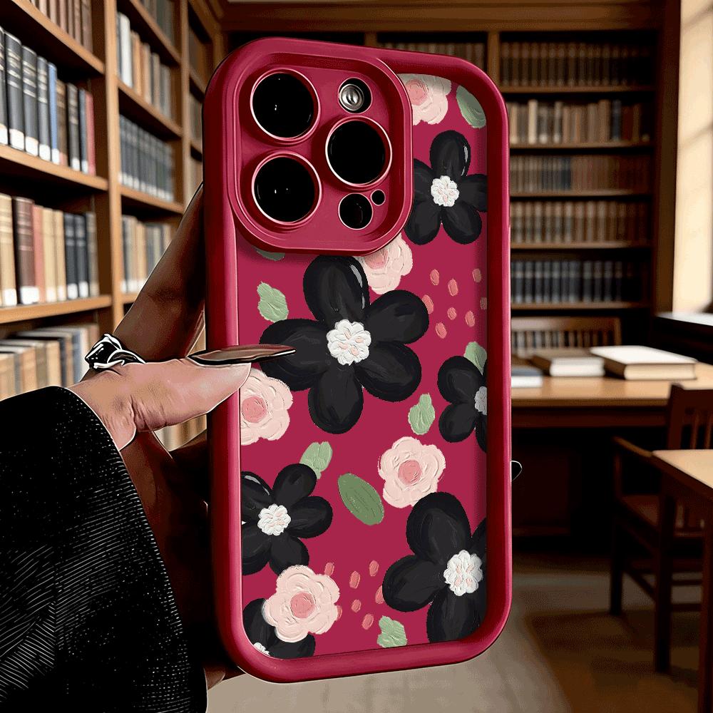 Black and Pink Floral Pattern Phone Case for iPhone 17 16 15 14 13 12 11 Pro Max Plus Anti Scratch, Gel Flexible Protective