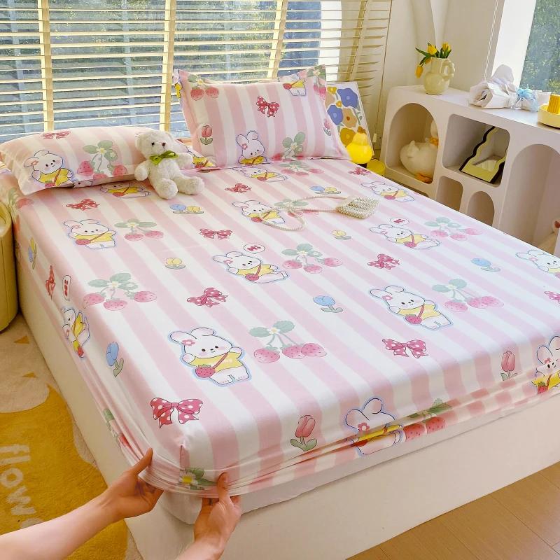 Cartoon Style Rabbit Fitted Sheet Set Skin-friendly Breathable Non-slip Bed Cover with 2 Pillowcases Bedding Set for Boys Girls