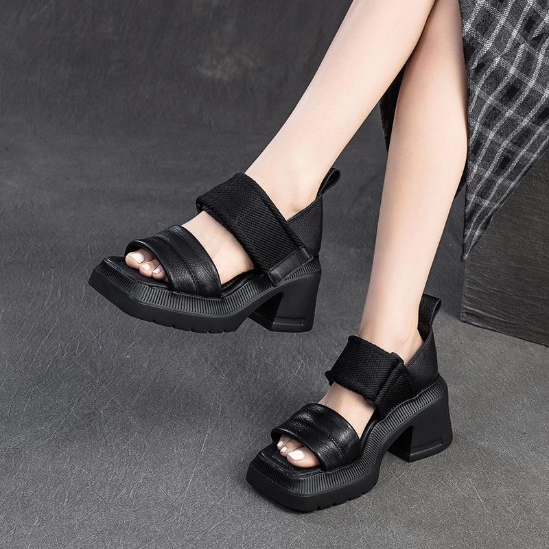 Fashion GKTINOO Retro Handmade Sandals 2025 Summer New Genuine Leather Splicing Embroidered Thick Sole Fashion Women's Shoes